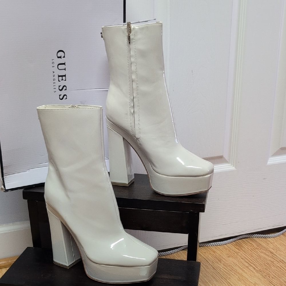 G by Guess Byra Ivory Platform Tall Block Heel Faux Patent Calf Boots Size 8.5M